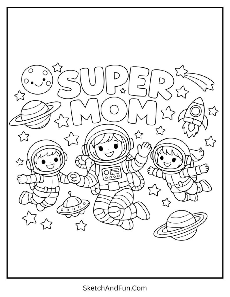 A coloring page of mom astronaut floating among stars and planets, detailed mothers day coloring pages
