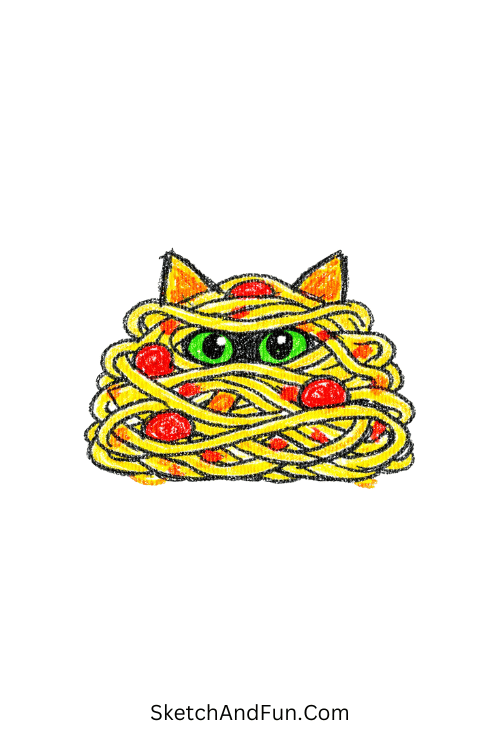 A doodle of a cat tangled in spaghetti noodles with eyes peeking out, funny cat doodle ideas