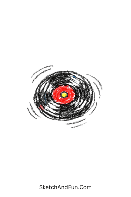 A doodle of a tiny spinning record circle full of energy, music doodles art