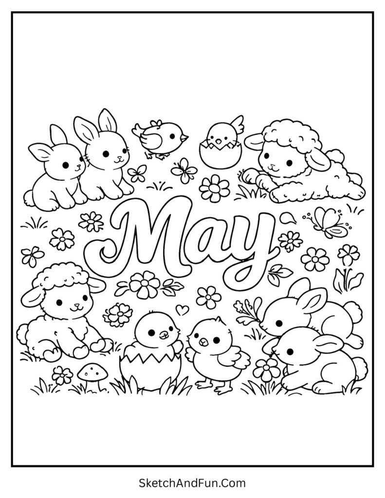 A coloring page of baby animals around “May”, Free May children coloring book pages