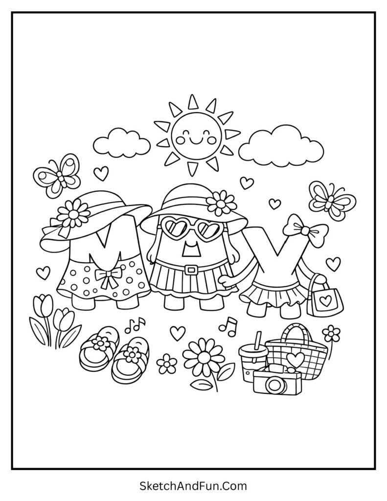A coloring page of hats and dresses around “May”, May coloring pages for adults