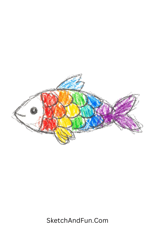 A doodle of a small rainbow fish with layered scales, colored pencil doodle practice sheets