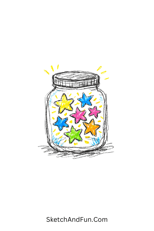 A doodle of a jar filled with glowing colorful stars, printable colored pencil doodles