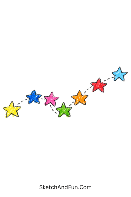 A doodle of stars connected by delicate dotted lines forming a path, hand drawn star doodle