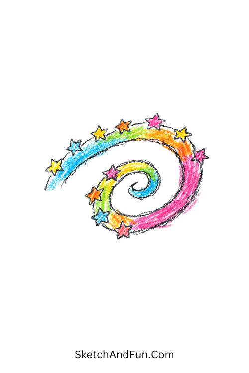 A doodle of swirling stars along a trail, doodle art step by step