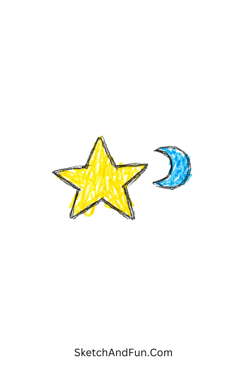 A doodle of a small star next to a crescent moon, star doodles art