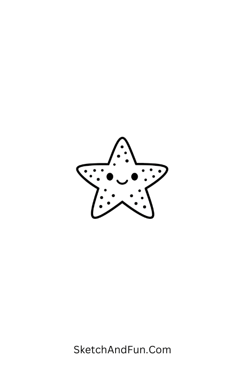 A drawing of a starfish with tiny dots and a smile, easy beach drawing for kids