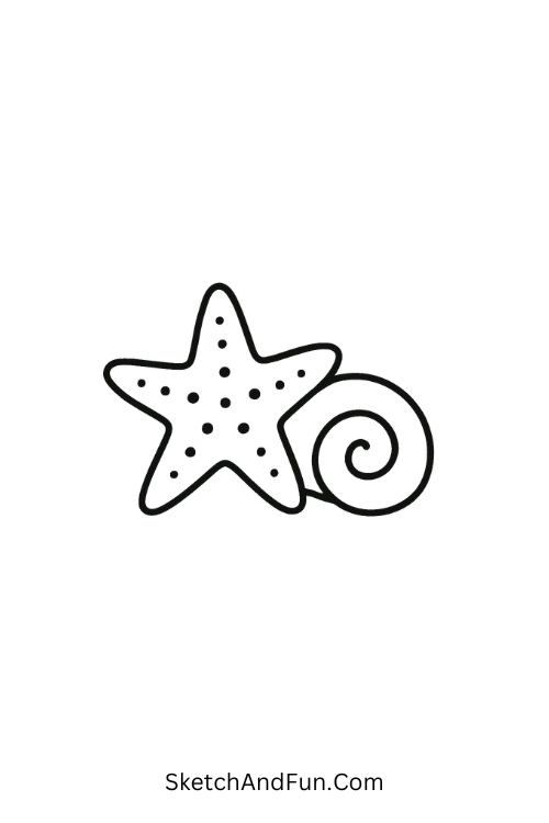 A doodle of a starfish beside spiral shell, beach doodle outline