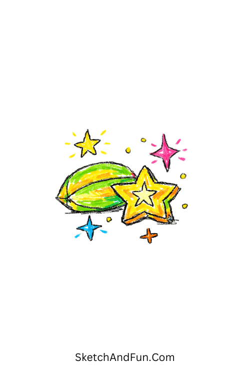 A sliced starfruit glowing with sparkles, fruit doodles images
