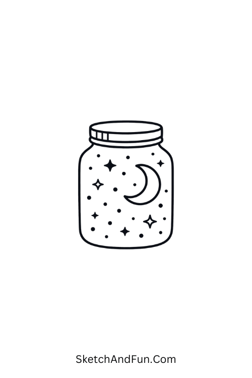 A drawing of a jar filled with stars and moon, easy nature scenery drawing