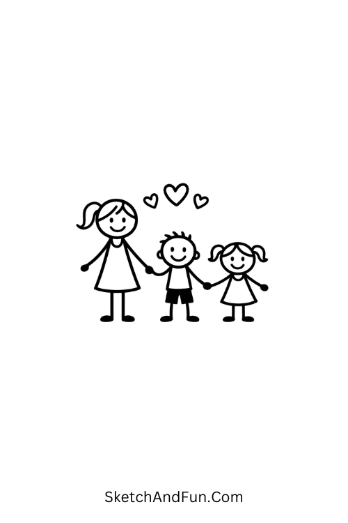 A drawing of a stick mom holding kids with hearts above, family drawing for mother's day