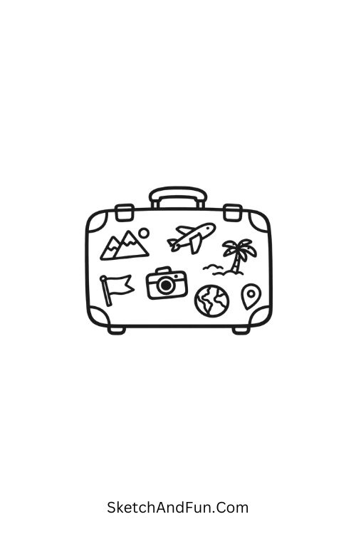 A doodle of a tiny suitcase covered with travel stickers, travel doodle icons