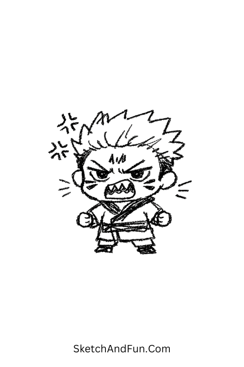A doodle of angry chibi Sukuna showing a tiny fierce side, jjk doodles reddit