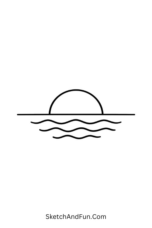 A drawing of a half sun dipping into ocean horizon, sunset nature drawing easy