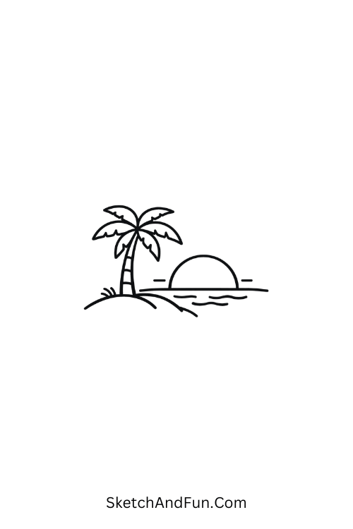 A doodle of the sun setting behind a palm tree, travel doodle ideas