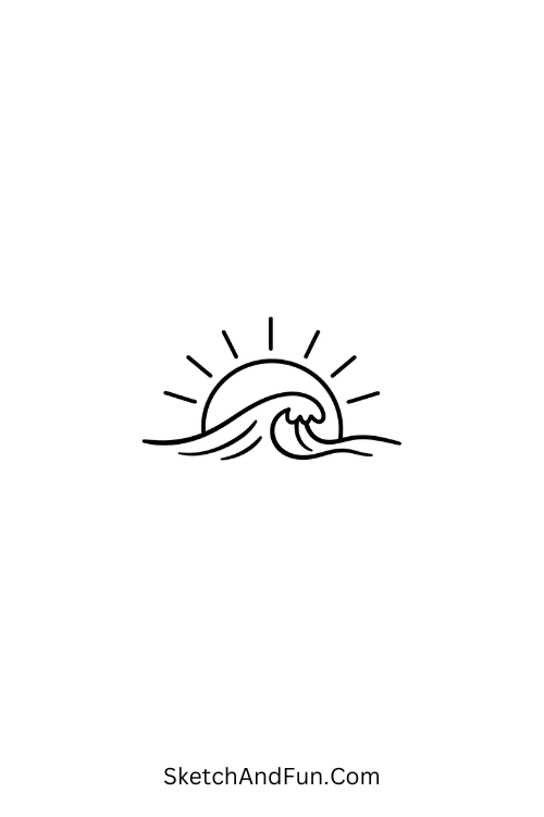 A drawing of a half sun rising behind a simple wave, summer drawing ideas