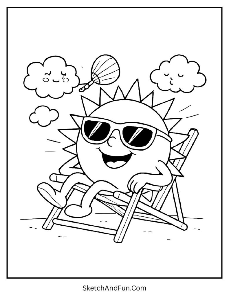A coloring page of a smiling sun relaxing on a chair with clouds fanning it, summer beach coloring pages
