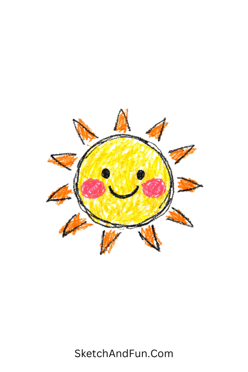 A doodle of a smiling sun with rosy cheeks and yellow warmth, easy colored pencil doodles