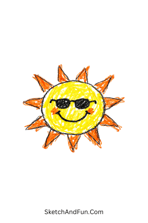 A doodle of smiling sun with sunglasses, may doodles aesthetic
