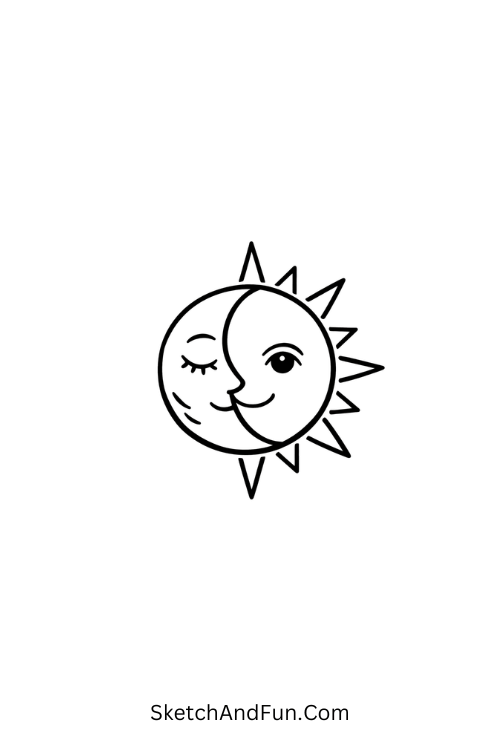 A drawing of half sun and half moon combined, nature drawing with colour