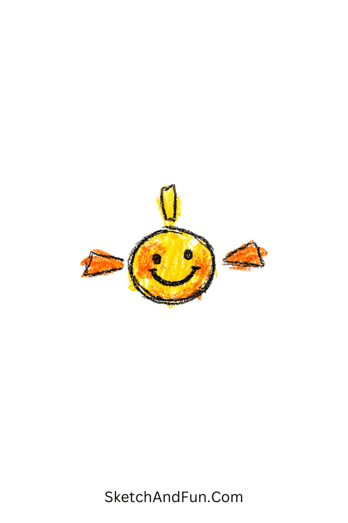 A doodle of a tiny smiling sun with three rays, crayon doodle art