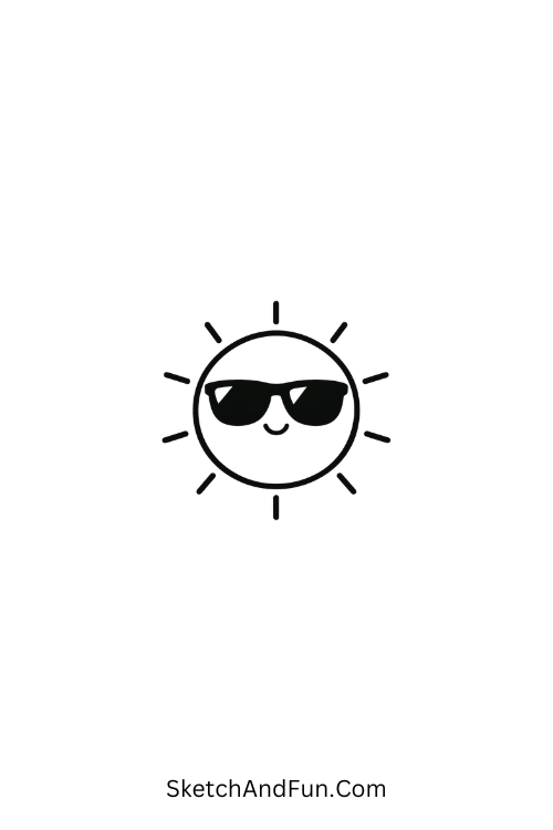 A drawing of a sun wearing sunglasses with a grin, summer drawing ideas aesthetic