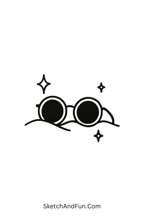 A doodle of sunglasses half buried in sand, beach aesthetic drawing easy