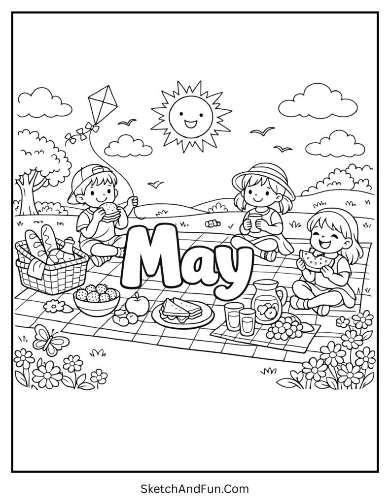 A coloring page of kids on a picnic with “May” on a blanket, May picnic coloring sheets