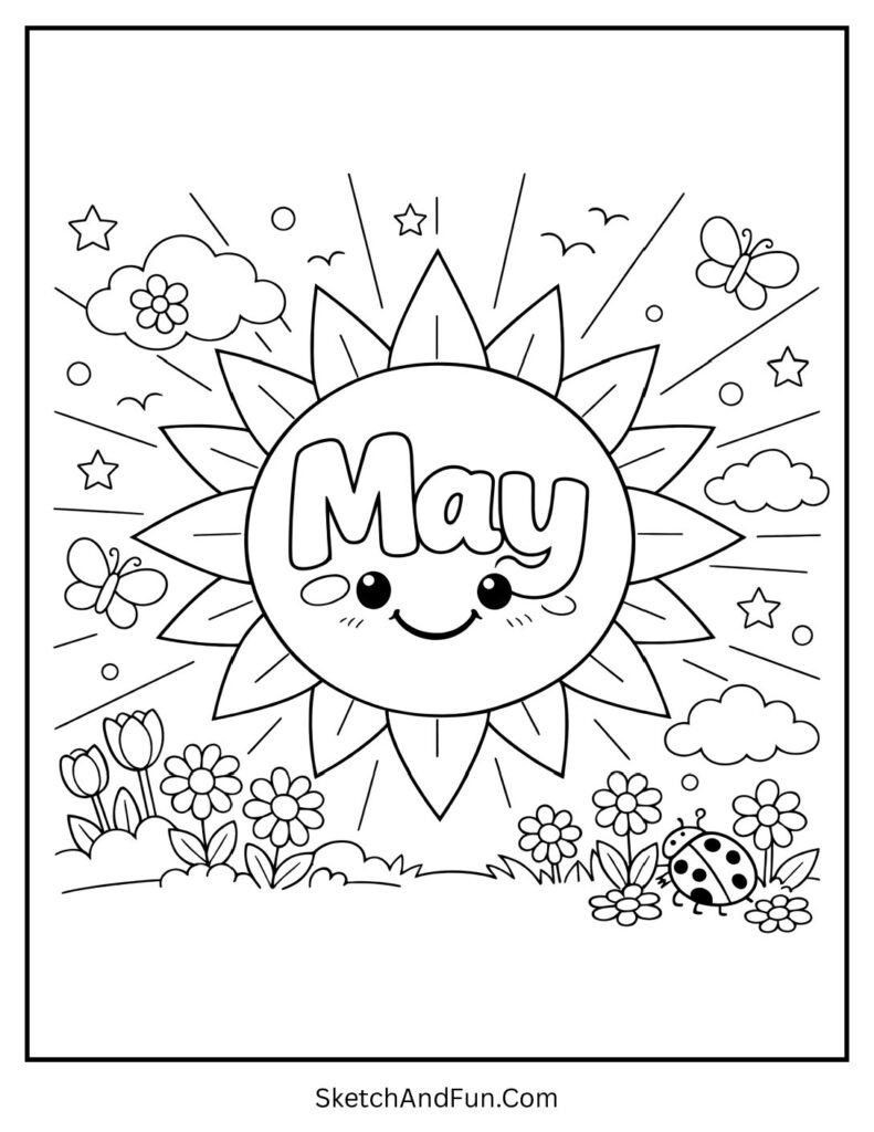 A coloring page of a smiling sun shining on “May”, Hello May coloring pages