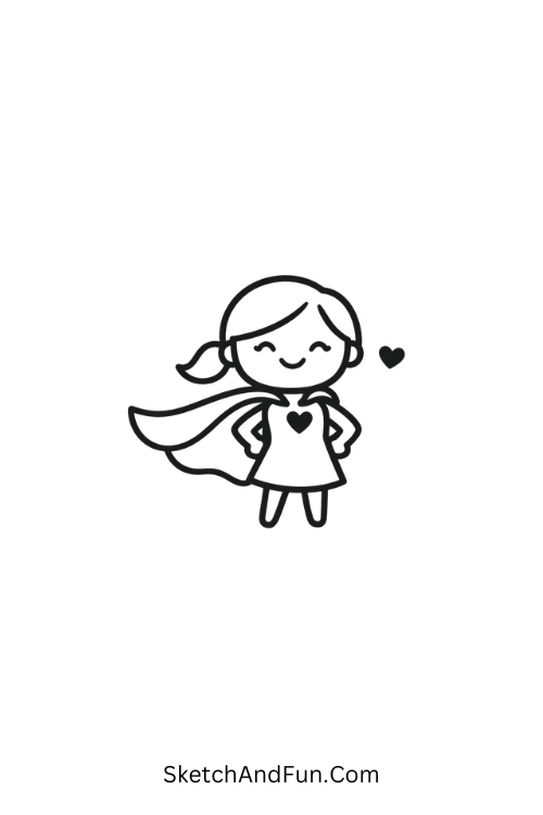 A drawing of a mom with a floating cape and tiny heart, mother's day cartoon drawing