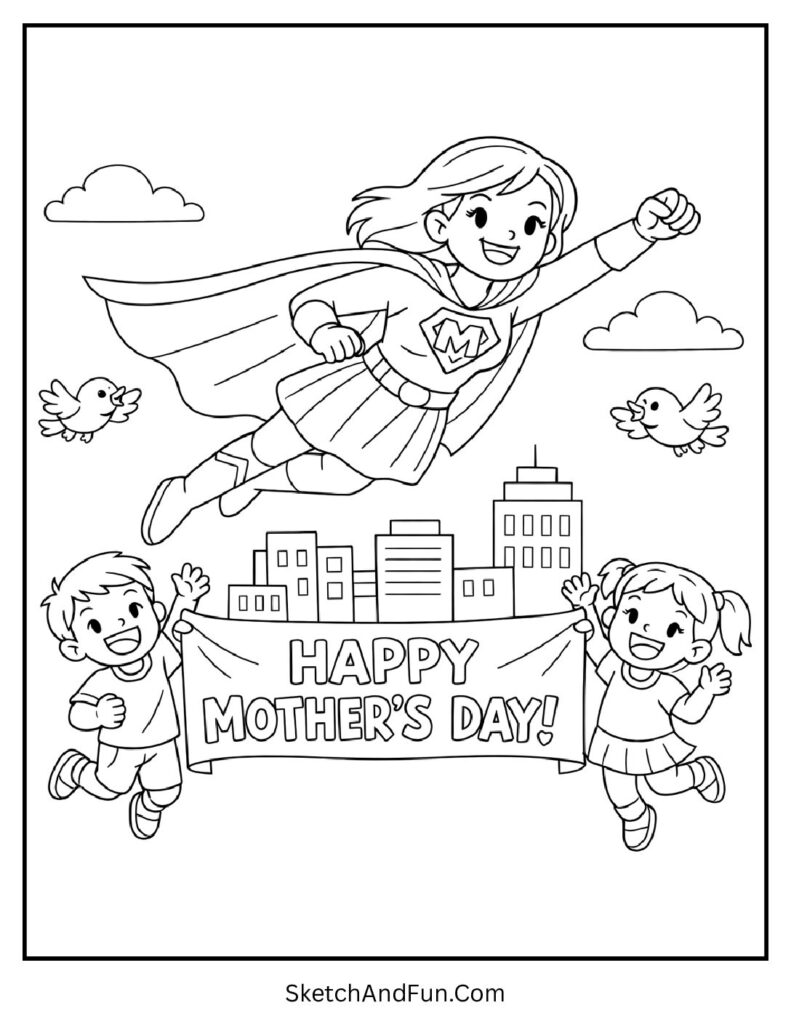 A coloring page of a mom flying over a city with a cape, i love mom coloring pages