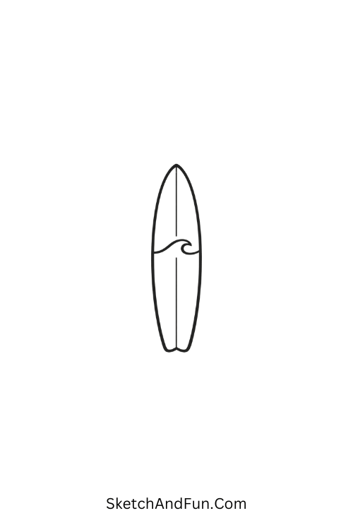 A drawing of a slim surfboard with a wave detail, summer sketch ideas