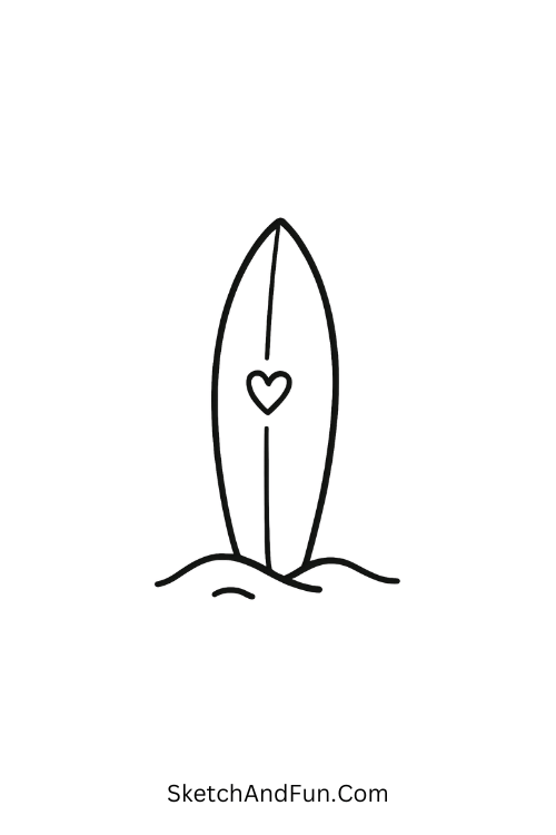 A doodle of a surfboard with small heart in sand, beach doodle ideas for instagram