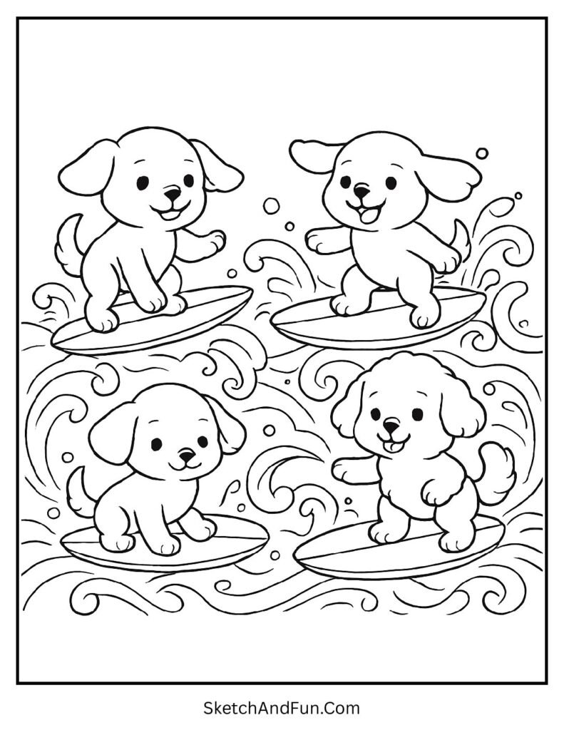 A coloring page of puppies riding colorful surfboards on waves, beach coloring pages with surfboards
