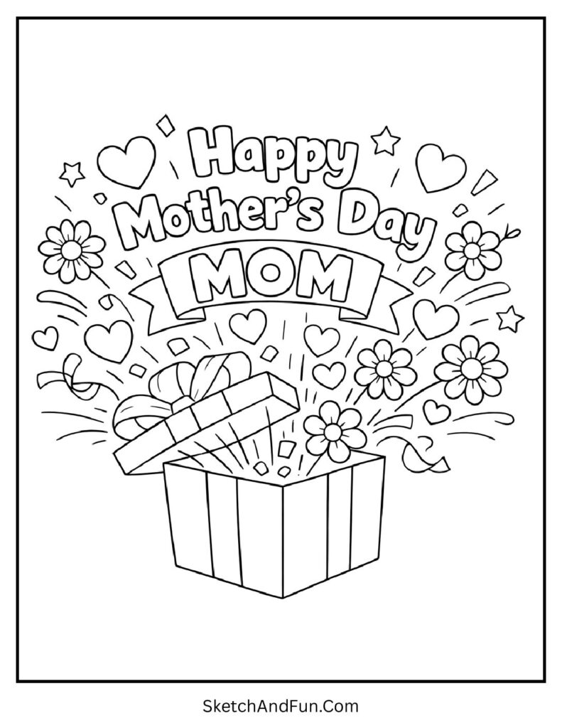 A coloring page of gift box bursting with hearts and flowers, mothers day coloring pages grandma