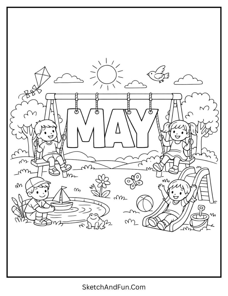 A coloring page of kids on a swing with “May”, Easy May coloring pages for preschool