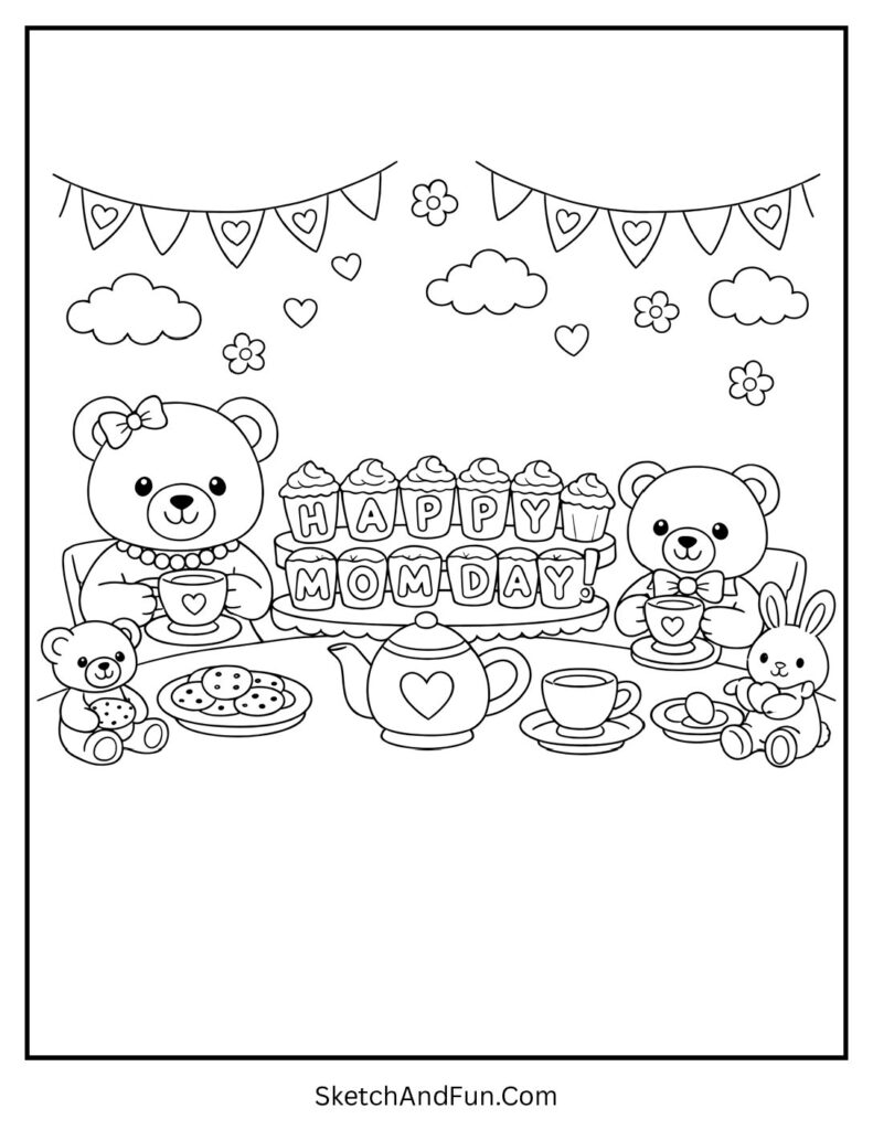 A coloring page of mom at a tea party with teddy bears and cupcakes, printable mothers day cards to color
