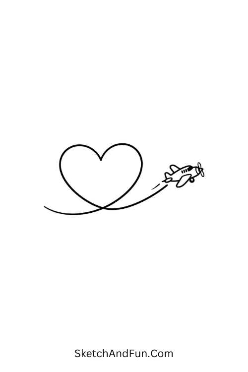 A doodle of a small plane leaving a heart-shaped trail in the sky, travel doodle illustrations