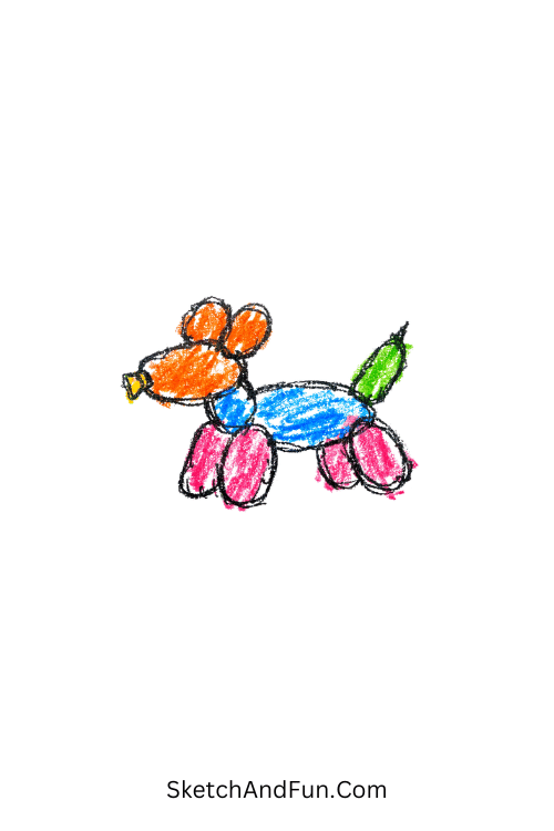 A doodle of a tiny dog balloon made with one line, doodle art with crayon colors