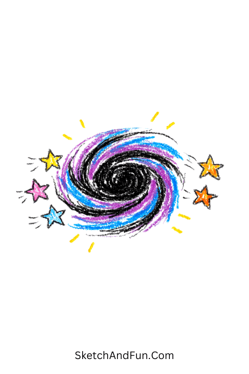 A doodle of a playful spiral sucking in tiny stars, science doodles worksheet