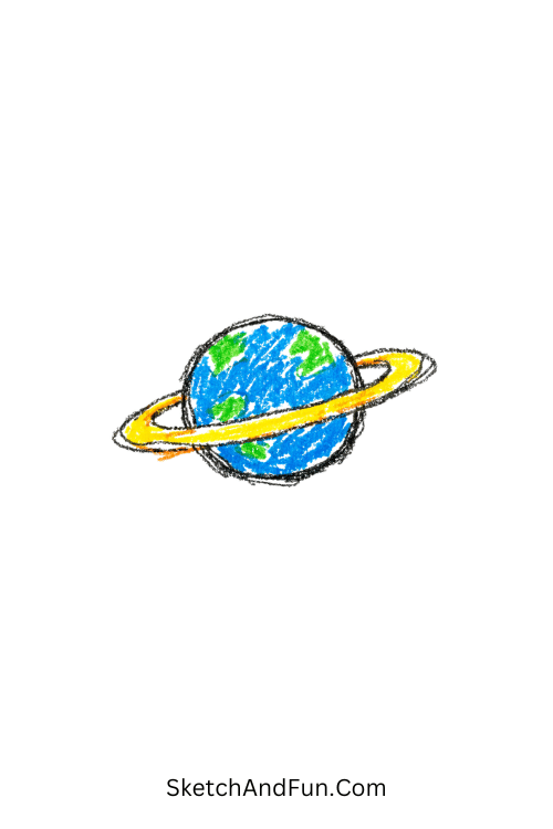 A tiny planet with a soft ring in space, blue doodle templates