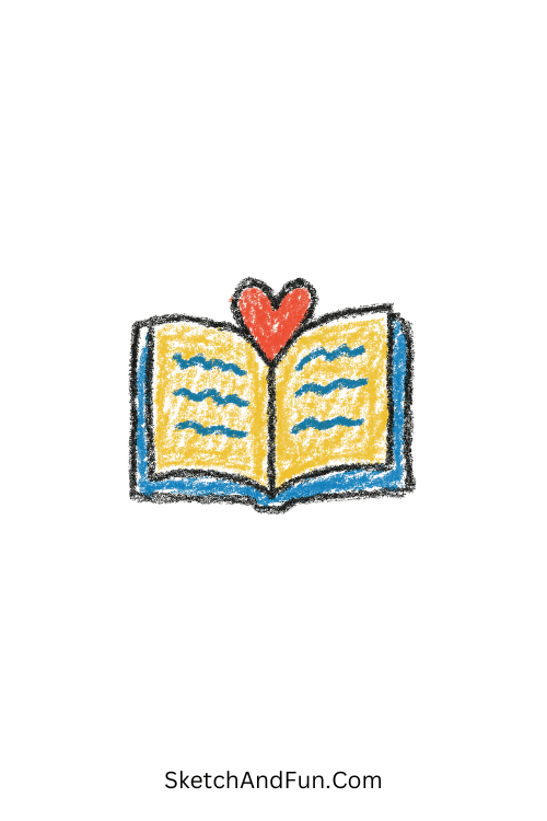 A doodle of a tiny open book with heart bookmark, notebook doodles for notes