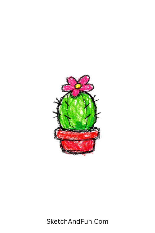 A doodle of a minimal cactus in a small pot with a flower, easy crayon doodles