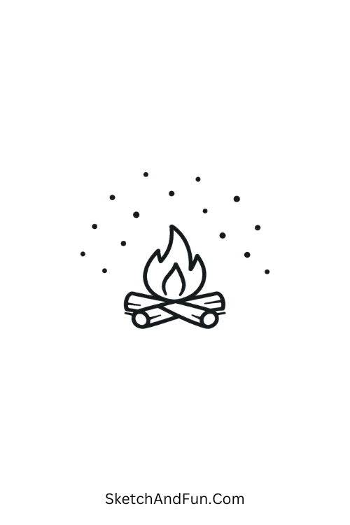 A drawing of a tiny campfire with stars above, easy forest drawing