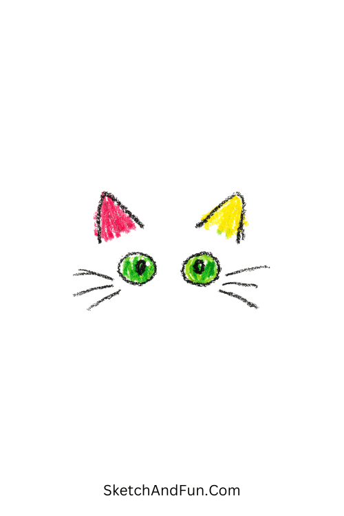 A doodle of a tiny cat face with whiskers and ears, crayon doodle clipart free download