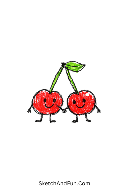 Two cherries holding hands with connected stems, fruit doodles for kids