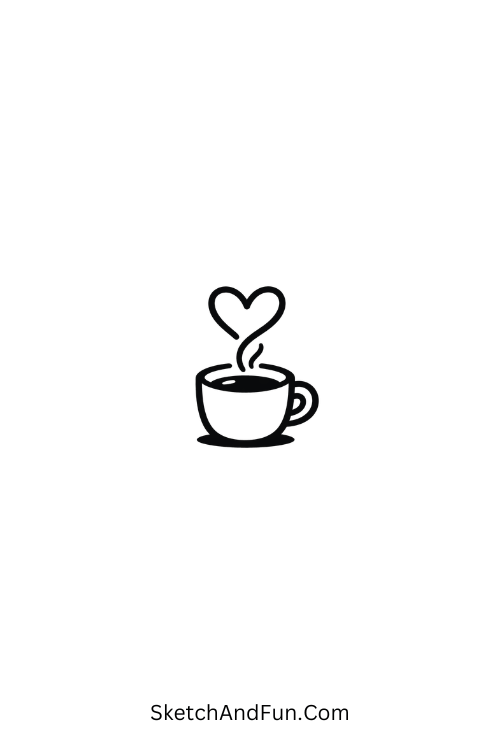 A doodle of a small steaming coffee mug with heart-shaped steam, easy doodle ideas