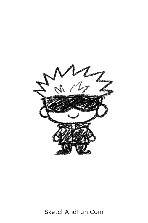 A doodle of Tiny Gojo smiling with blindfold and spiky hair, jujutsu kaisen chibi doodles