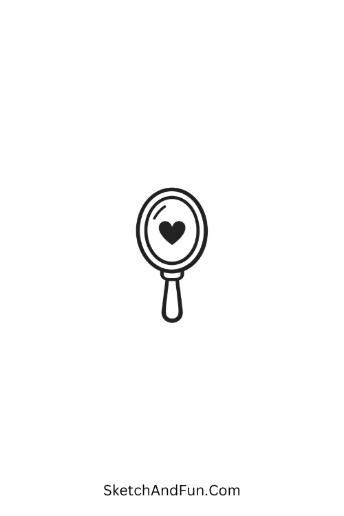 A doodle of a small handheld mirror with a little heart reflection, best coquette doodles for journals