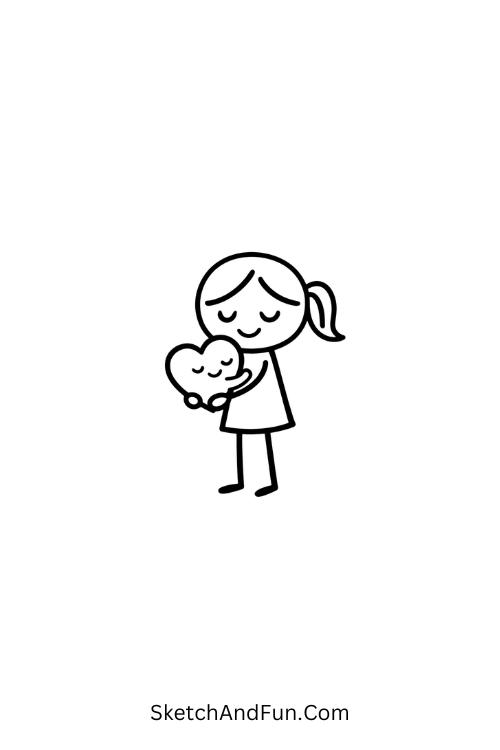 A drawing of a stick mom hugged by a tiny heart-shaped child, mother's day heart drawing